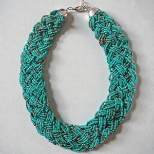 Vintage 80s Boho Seed Bead Turquoise Bronze Statement Collar